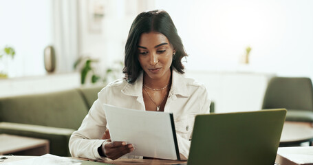 Canvas Print - Business woman, media proposal and laptop in office with public relations work and press release update. Tech, professional and digital information with planning and online review for research