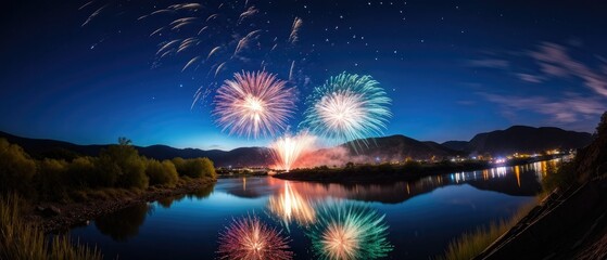 Wall Mural - Fireworks Reflecting on a Lake