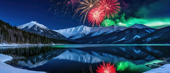 Wall Mural - Fireworks Over Snowy Mountains