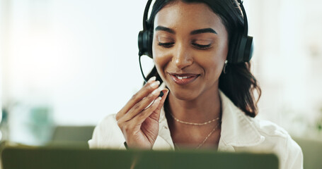 Poster - Smile, woman and support with headphones in call centre for customer service, telemarketing and sales agent. Happy, advisor and headset for communication, client questions or e commerce advice of faq