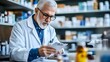 © TEERAWAT - A senior pharmacist carefully reviews a prescription in a well-organized pharmacy filled with various medications.