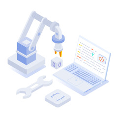 Sticker - Programming robot icon in isometric style 