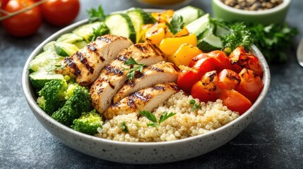 A healthy meal prep image featuring a bowl of grilled chicken, vegetables, and quinoa.