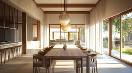 Elegant dining room with a long wooden table, pendant lights, and large windows letting in soft, natural light