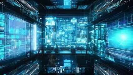 Poster - engineers are working in a futuristic control room, analyzing data displayed on a massive holographi