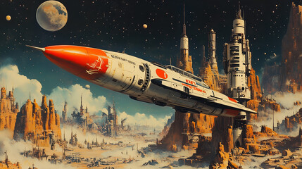 retro futuristic rocket launch: a vintage-inspired illustration depicting a rocket ship soaring thro