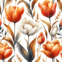 Wall Mural - A seamless pattern of abstract orange and white tulips painted in watercolors on a white