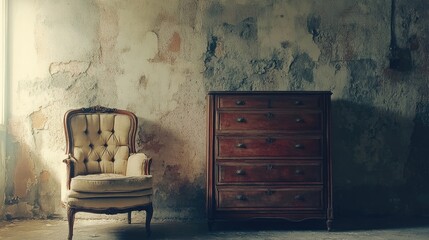 Wall Mural - Vintage dresser near grunge stucco wall Interior design of retro living room