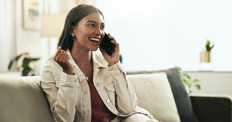 Poster - Home, phone call and woman with celebration, smile and communication with network, excited and wow. Person, apartment and girl on sofa, smartphone and cheering with positive news, winner and success