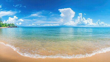 Wall Mural - A panoramic view of a tropical beach with clear blue skies and calm waters, ideal for a serene coastal landscape banner