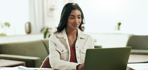 Poster - Business woman, working and laptop in office with public relations job and press release update. Tech, professional and digital information with planning and online review for media research