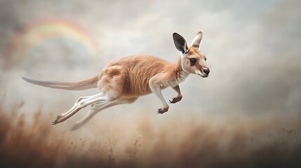 Kangaroo painting with rainbow in field