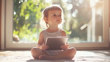 Poster - Child sitting cross-legged on the floor in a sunlit room with a tablet in their lap The tablet displays a math lesson while the child intently follows along Large space for text in center Stock Photo
