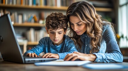 Poster - Mother leaning over her son who is sitting at a desk while she helps him with an online reading assignment on his computer The room is well-organized with school supplies nearby showcasing active