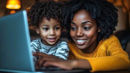 Wall Mural - Mother sitting with her young child at the dining table helping with an online math lesson on a laptop The child is pointing at the screen while the mother explains with a smile creating a supportive