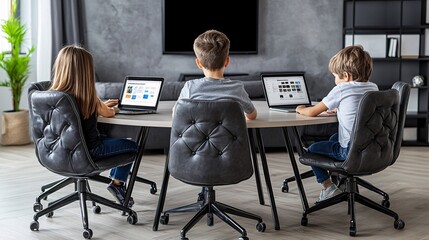 Aufkleber - Parents sitting at a round dining table with their two children working on separate laptops The parents engage with the kids as they work on their remote lessons promoting a shared learning