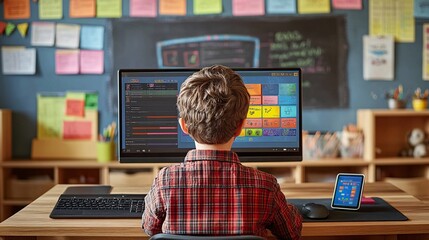 Aufkleber - A sleek desk setup featuring a desktop computer with an educational game on the screen Smartboard in the background and a tablet on the side of the desk reinforce the modern classroom experience