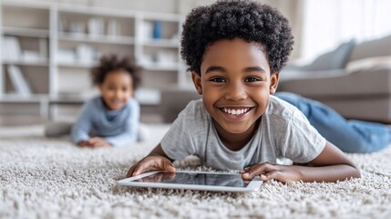 Wall Mural - A student in the living room balancing a tablet on their lap while playing with a younger sibling in the background showing how remote learning can adapt to family life and shared spaces Large space