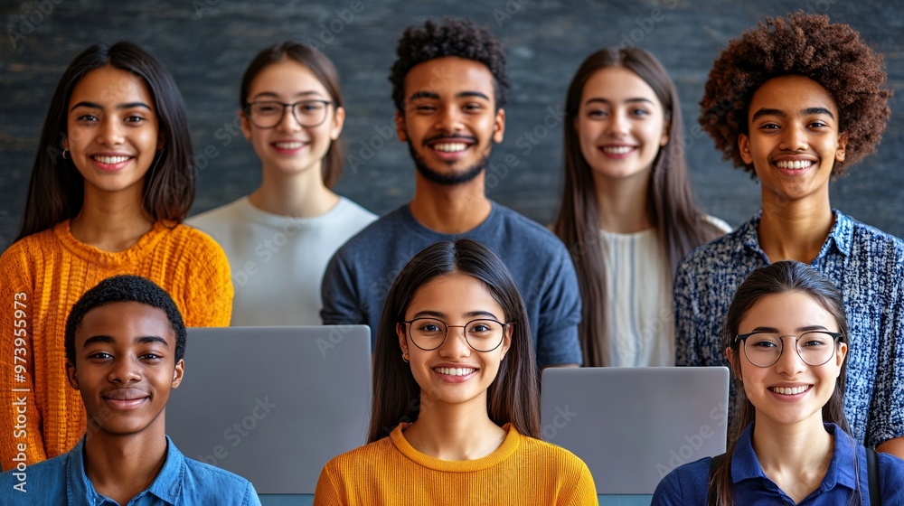 A diverse group of students from different ethnic backgrounds attending ...