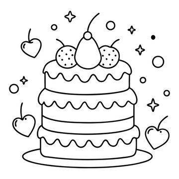 A sweet line drawing of a tiered cake with cherries, frosting, balloons, and hearts all around it.