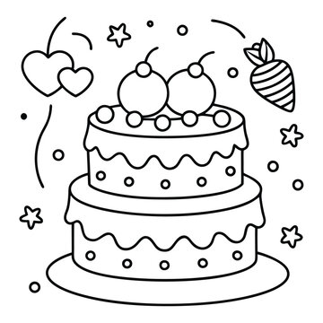 A sweet line drawing of a tiered cake with cherries, frosting, balloons, and hearts all around it.