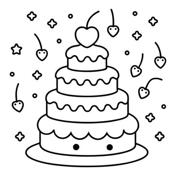 A sweet line drawing of a tiered cake with cherries, frosting, balloons, and hearts all around it.