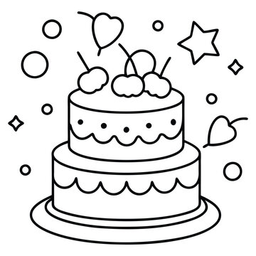 A sweet line drawing of a tiered cake with cherries, frosting, balloons, and hearts all around it.