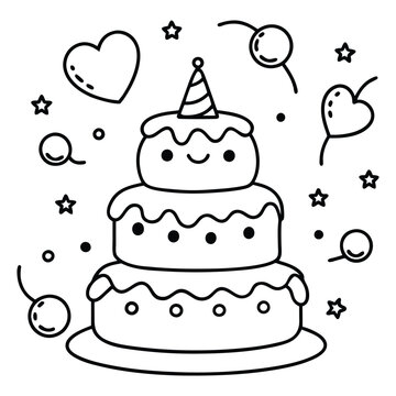 A sweet line drawing of a tiered cake with cherries, frosting, balloons, and hearts all around it.