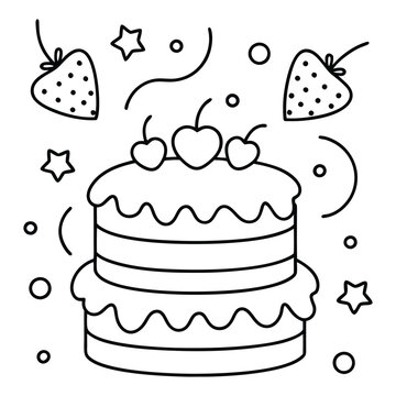 A sweet line drawing of a tiered cake with cherries, frosting, balloons, and hearts all around it.