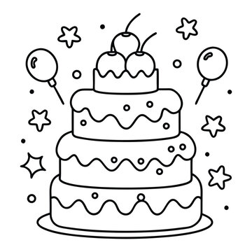 A sweet line drawing of a tiered cake with cherries, frosting, balloons, and hearts all around it.