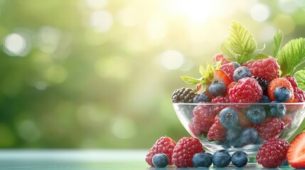 Bowl of fresh, ripe berries with a natural background