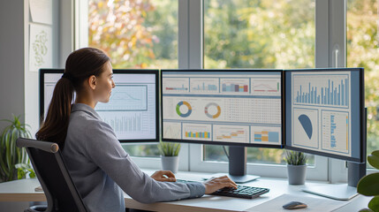 Business analytics data dashboard - three computer screen on desk around Woman