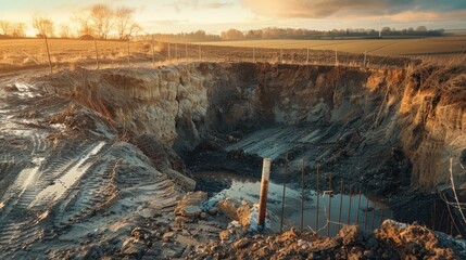 Wall Mural - Soil collapse creating a significant hole, enclosed by a barrier and caution signs as a result of intense rainfall.