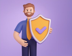 3D cartoon man smiles and holds a shield with a checkmark, 3D illustration