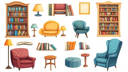 Bookstore lounge furniture set isolated on white background, vector cartoon illustration of cozy chairs, coffee tables, bookshelves, reading lamps, relaxing bookstore lounge design elements