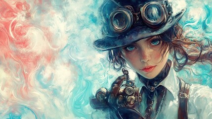 A captivating steampunk portrait of a young woman with goggles, showcasing intricate details and vibrant colors.