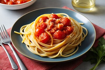 Mouthwatering Spaghetti Pasta with Fresh Tomatoes and Rich Sauce on a Plate