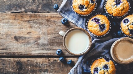 Above view with copyspace of freshly made blueberry muffins in a rustic environment with milk and coffee on the table