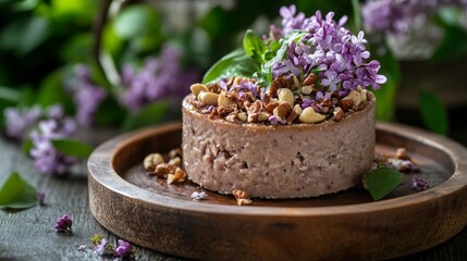 Delectable Duck PÃ¢tÃ© Adorned with Assorted Nuts and Lilac Blossoms on a Rustic Wooden Platter