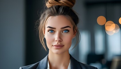 Sticker - Confident Young Businesswoman with Blue Eyes in Casual Updo, Set Against Grey Background, Exuding Leadership in Modern Urban Office Environment