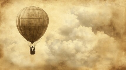 A vintage hot air balloon soaring through soft clouds, creating a nostalgic and dreamlike atmosphere in the sky.