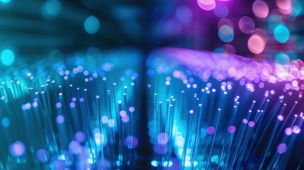 Wall Mural - Luminous Data Streams: A mesmerizing close-up of fiber optic cables aglow with vibrant blue and pink hues, symbolizing the flow of information and the beauty of technology. 