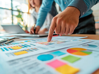 Canvas Print - Business team analyzing colorful financial charts and graphs on a wooden desk in a bright office environment.