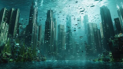 Wall Mural - A breathtaking view of an underwater city, showcasing submerged skyscrapers and vibrant marine life amidst tranquil waters.