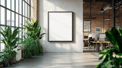 Poster - Blank framed poster on a wall in a modern office with plants and large windows.