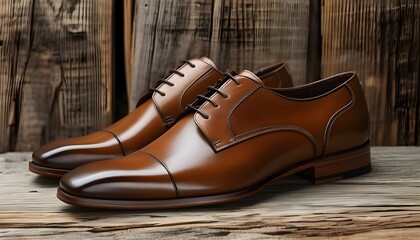 Sophisticated Brown Leather Mens Dress Shoes on Rustic Wood for Formal and Business Events