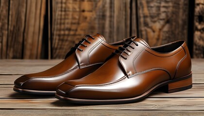 Sophisticated Brown Leather Mens Dress Shoes on Rustic Wood for Formal and Business Events