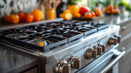 Wall Mural - Modern gas stove with colorful fruits in kitchen. Concept of cooking and healthy eating