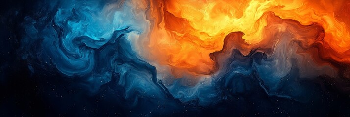 Poster - Abstract background, flowing colors and shapes, light orange and dark red styles, swirling clouds of smoke, deep blue tones, and glowing flames