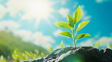 Wall Mural - Maize seedling in the agricultural garden with blue sky and sun in background, Little Plant